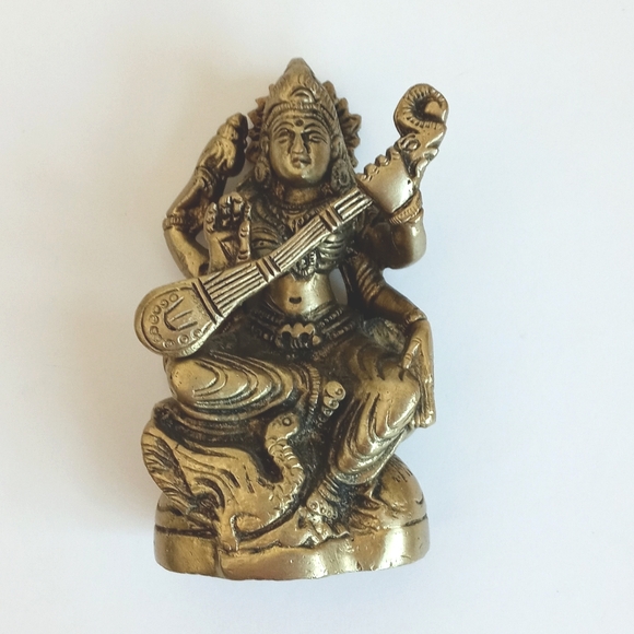 Antique Vintage Brass Hindu Goddess Saraswati Sculpture / 4” Figurine - Picture 2 of 15